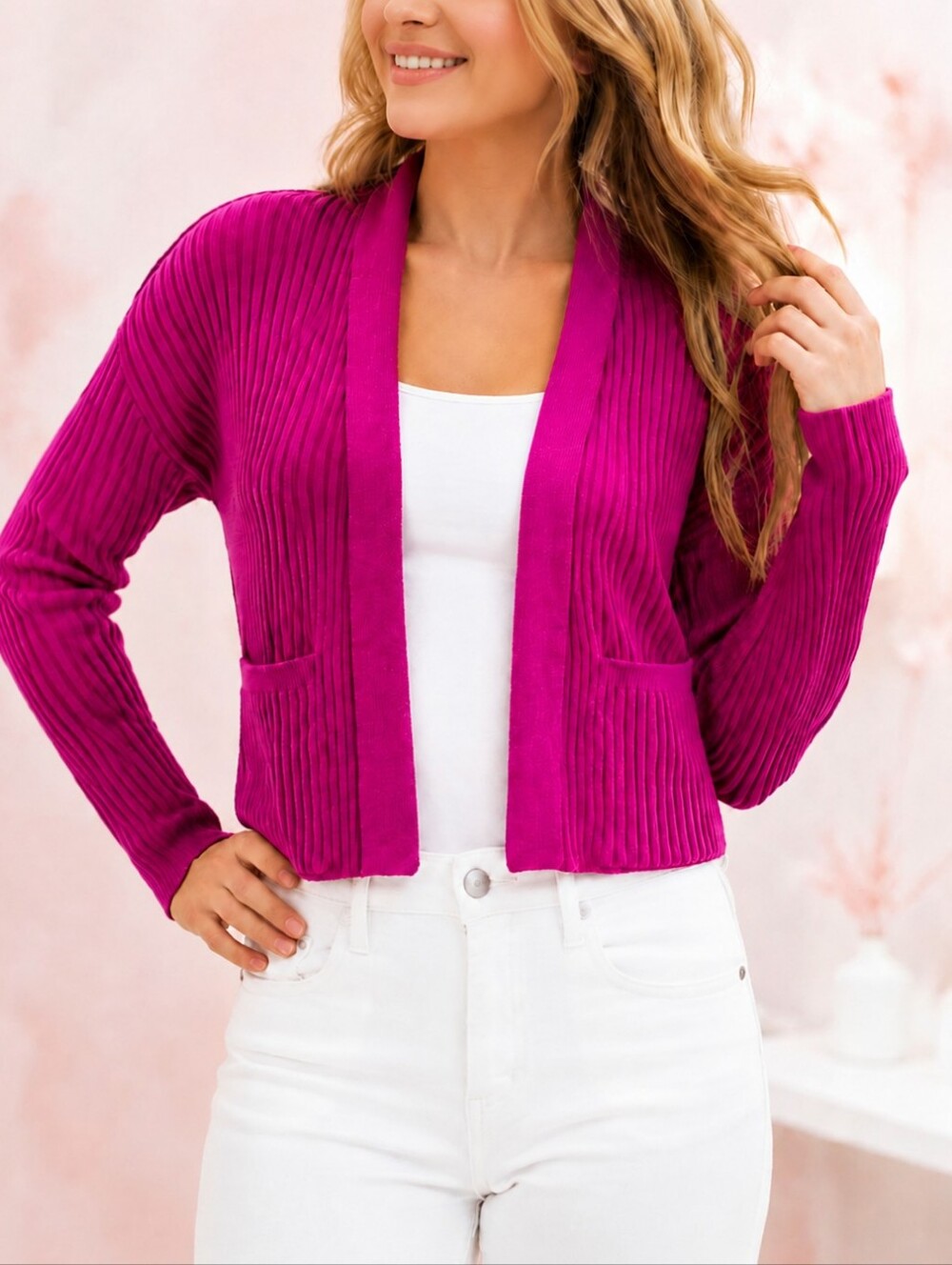 Sincerely Jules Pink Ribbed Knit Open Front Cropped Cardigan Sweater Jacket M